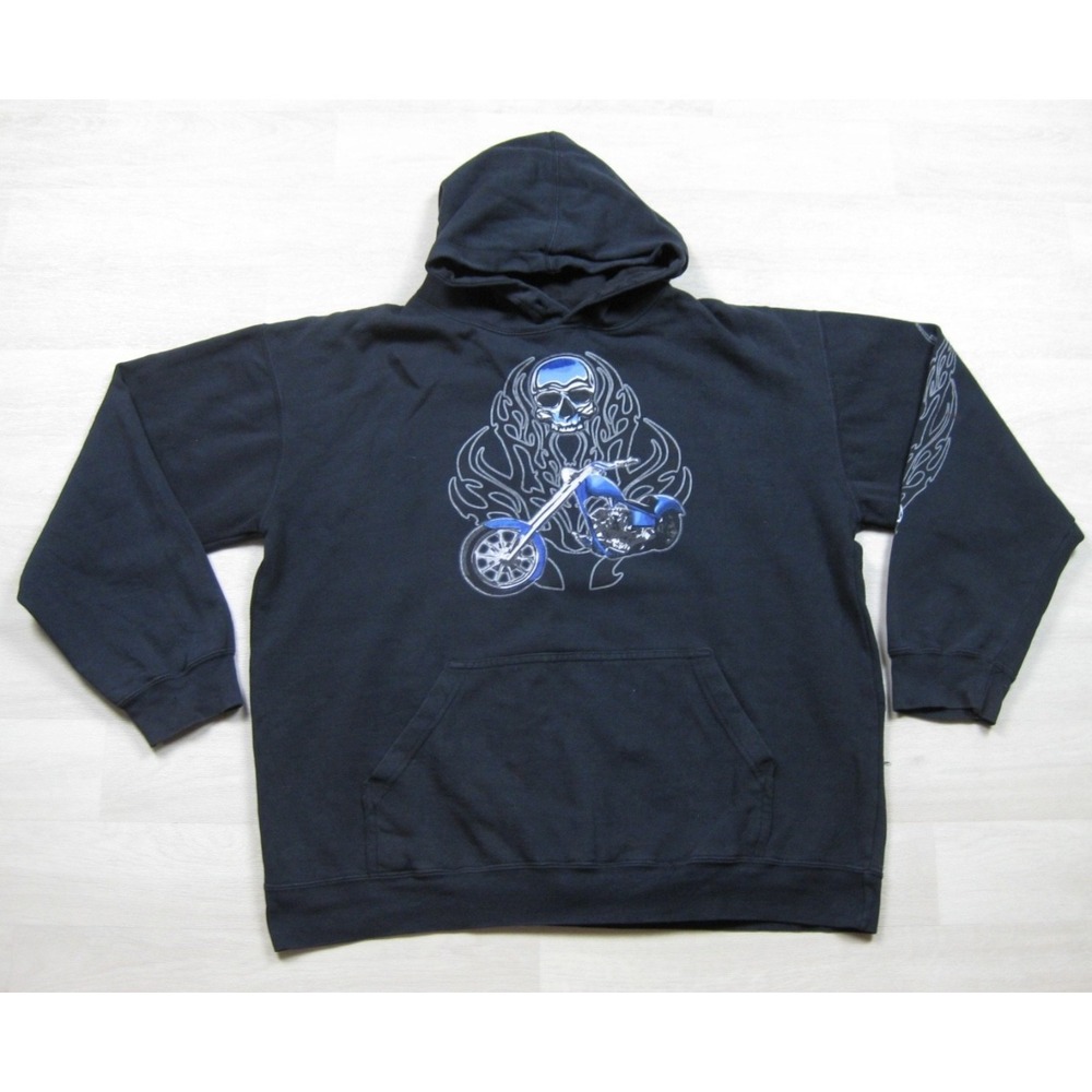 Vintage Y2K Hoodie Sweatshirt Men's (L) Motorcycle Chopper‎ Tribal Skull Biker
